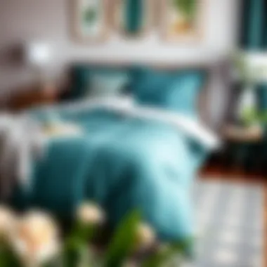 Teal queen comforter styled with complementary decor elements