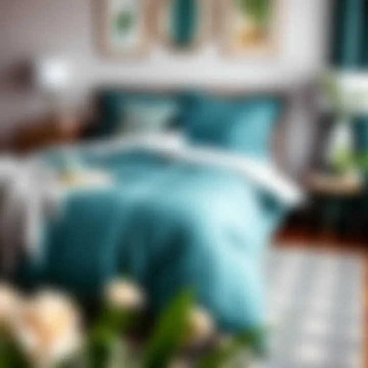 Teal queen comforter styled with complementary decor elements