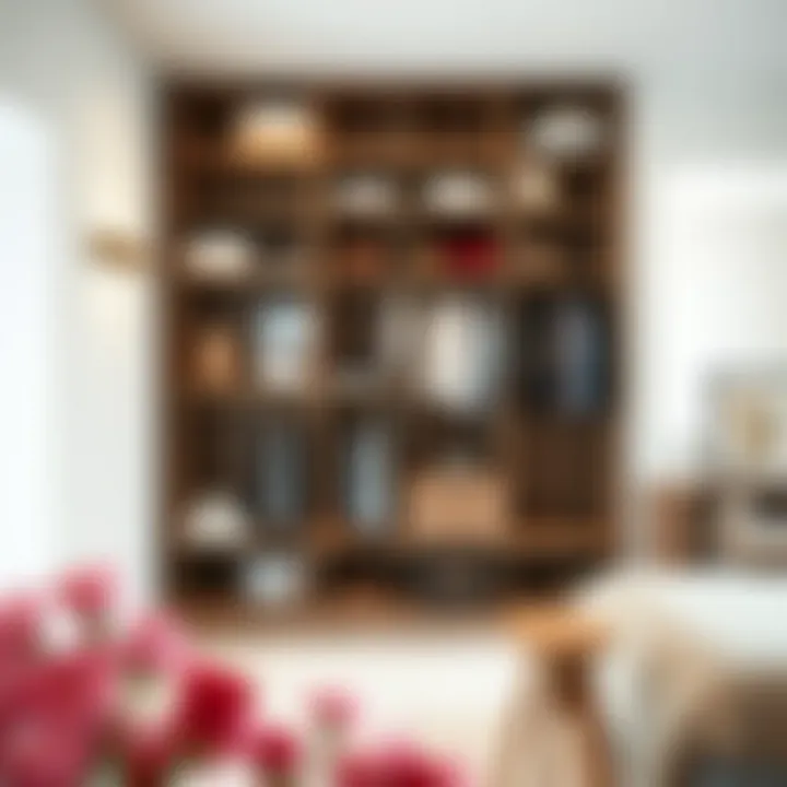 Modern interior featuring a chic open shelving wardrobe in a minimalist setting