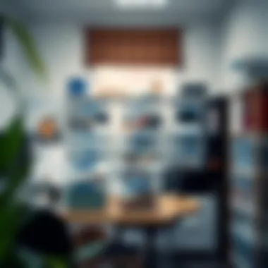 Organized office space featuring transparent plastic bins for efficient storage