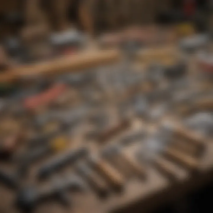Collection of Hand Tools Displayed on Workbench Variety of Hand Tools on Workbench