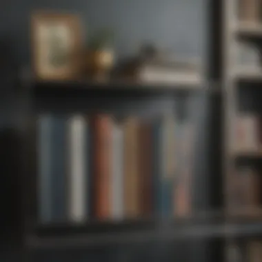 Metal bookshelf displaying books and decorative items