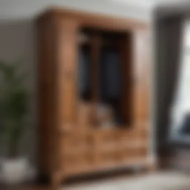 Showcasing Storage Versatility in Design Elegant wide armoire with intricate woodwork showcasing storage versatility